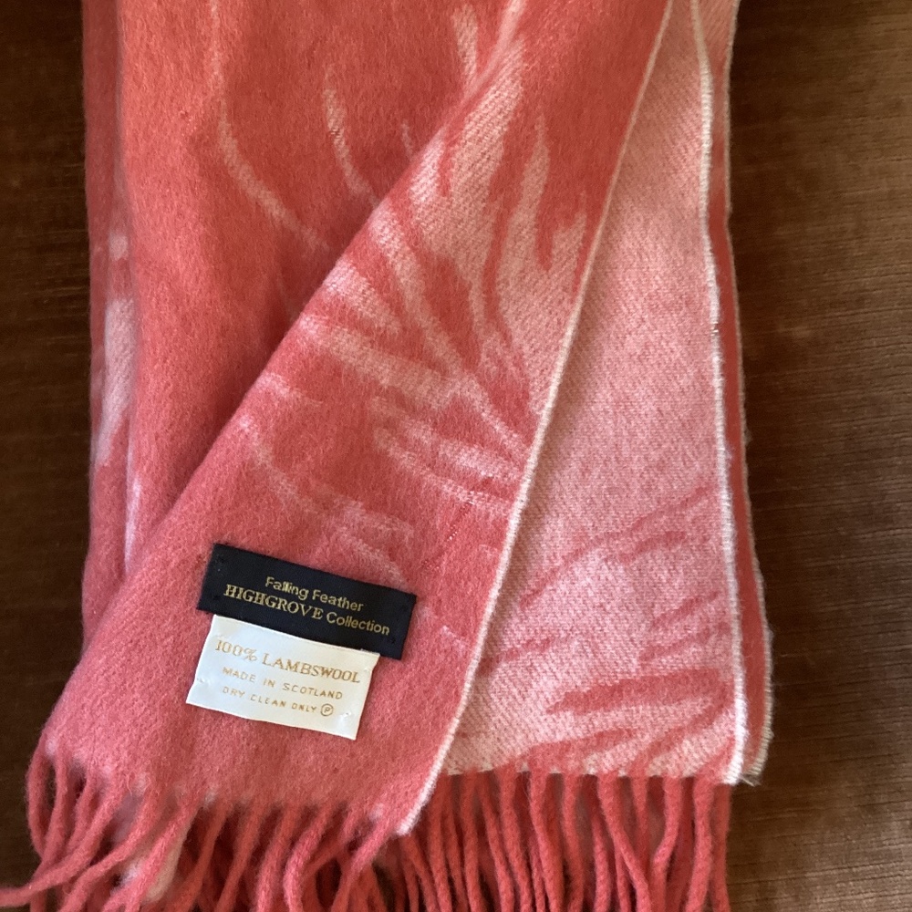 Lambswool Made in Scotland Falling Feather fringed  soft color peach 72 in x 14